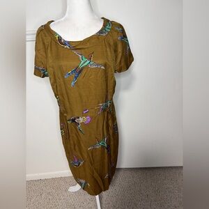 Boden Tan Bird Print Silk Midi Dress 14R
